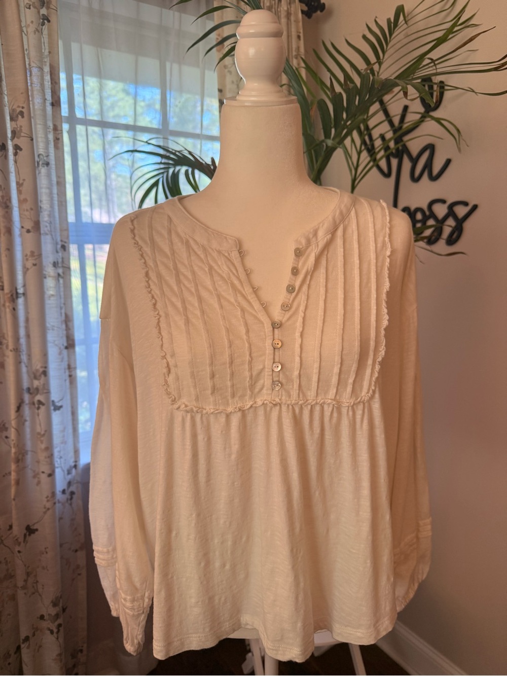 Lucky Brand - Women’s Cream Button-Front Pintuck Peasant Top